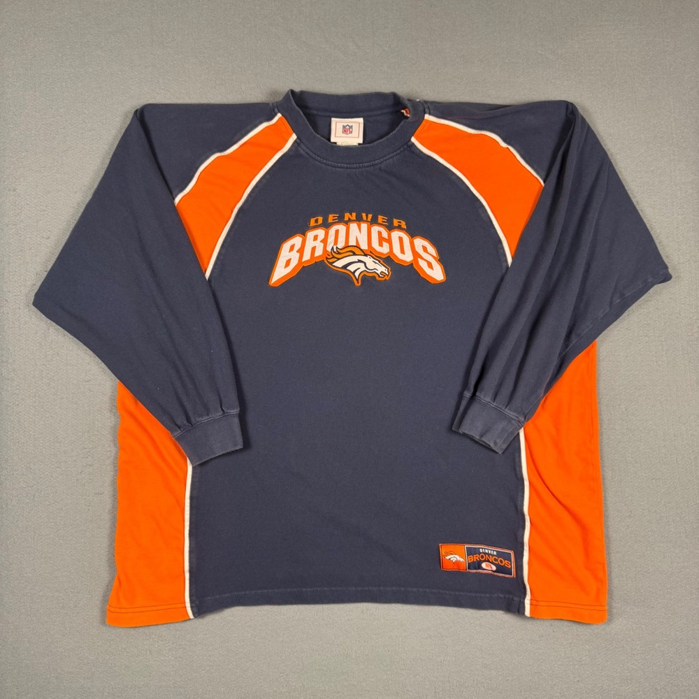 NFL Denver Broncos Shirt Mens XL Navy Blue Orange Long Sleeve Y2K Football Tee